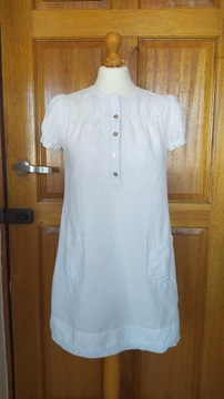 Biała krótka lniana sukienka 36, naturalna sukienka, letnia biała sukienka