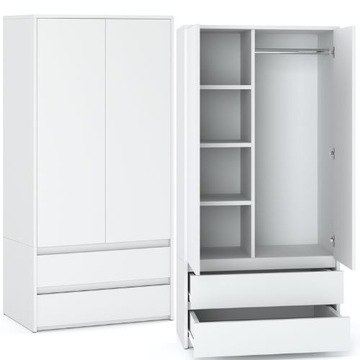 Белый шкаф с 2 ящиками, 2 дверцами, штанга 90 см, 4 полки, вместительный шкаф