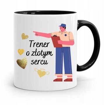 DLA TRENERA TRENERKI KUBEK CZARNY O ZŁOTYM SERCU z Nadrukiem ze Zdjęciem