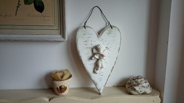 SERCE DREWNIANE DUŻE, ANIOŁ, SHABBY RETRO