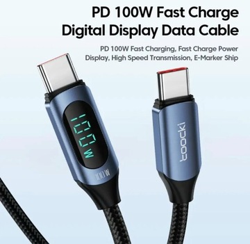 Кабель TooCKI 2 метра USB-C — C 100 Вт PD QC + LCD METER ЧЕРНЫЙ 2 метра.