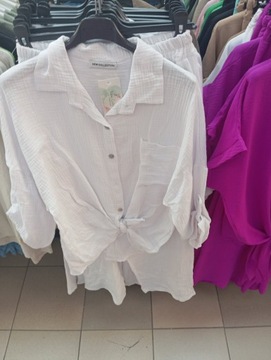 Муслиновый КОМПЛЕКТ, рубашка, рукава 3/4, свободные брюки, белый