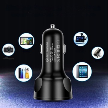 SZYBKA ŁADOWARKA SAMOCHODOWA 66W 3XQC MOCNA 4XUSB 7A SZYBKI KABEL 3W1