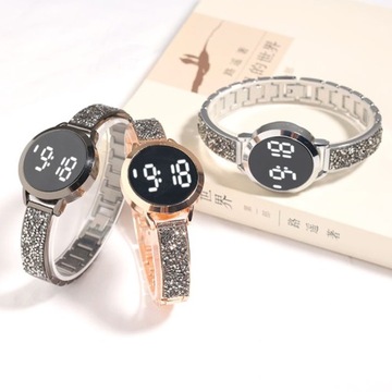 Prosty pasek stalowy LED damski zegarek Casual Fashion okrągły zegarek elektroniczny