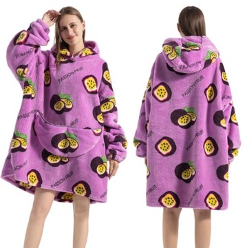 ZIMOWY SZLAFROK LUŹNY KOC DAMSKI BLUZA Z KAPTUREM OVERSIZE