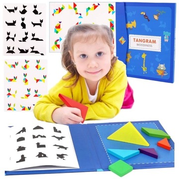 Tangram Układanka Drewniana Klocki Magnetyczne Montessori książeczka EDU