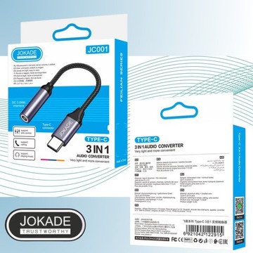 Adapter 3w1 Słuchawkowy TYP-C na MINI JACK 3,5mm KRÓTKI NYLONOWY SPLOT