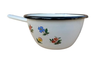 Rondel garnek retro emaliowany niski 1,5 L biały w kwiatuszki garnuszek
