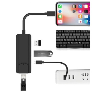 HUB Lightning 2x USB 2.0 и Ethernet RJ45 + блок питания