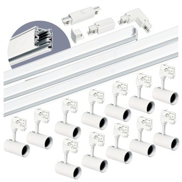 Zestaw szynowy 3 fazowy szyna 1m+2m+2m, 12x Lampa, łącznik I + L BIAŁY