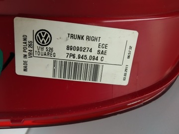 10+ VW TOUAREG II DOBRÁ SVĚTLO VLOŽKA ZADNÍ PRAVÁ W KRYT 7P6945094C ORIGINÁLNÍ