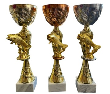 Puchary dla wędkarzy złoto srebro brąz RYBY wędkarstwo 36 cm + opis