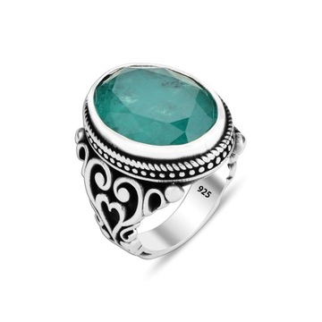 925K Green Natural Paraiba Stone Silver Men's Ring