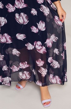 Długa szyfonowa sukienka w fioletowe kwiaty 52-58