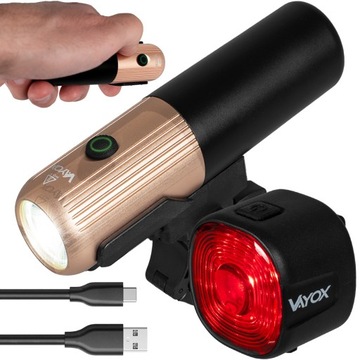 LAMPKA ROWEROWA ZESTAW NA PRZÓD I TYŁ LED OŚWIETELNIE ROWEROWE USB-C VAYOX