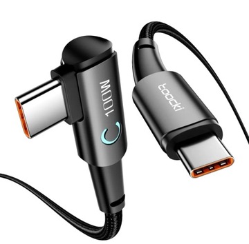 Czarny Kabel Toocki 100w typu C do USB C kabel 2 m. 5A 90 stopni, kątowy