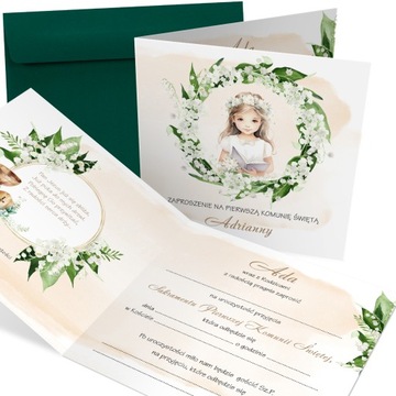 ZAPROSZENIA na Komunię IMIĘ papier perłowy z kolorową kopertą