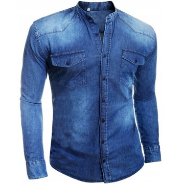 Koszula Męska Jeans Przecierana Denim Stójka