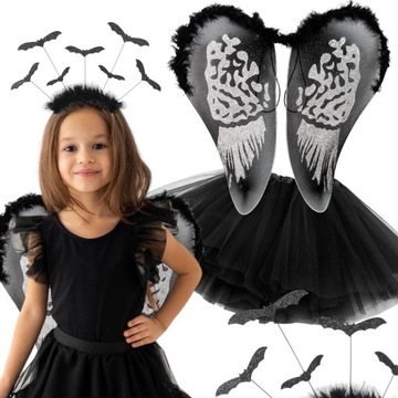Zestaw STRÓJ PAJĘCZARKA NIETOPERZ HALLOWEEN Demon Czarny TUTU opaska