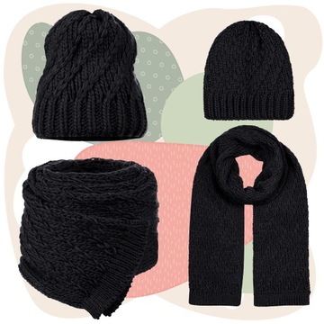 SZALIK SZAL CZAPKA BEANIE KOMPLET DAMSKI KOBIECY 10% WEŁNY CZARNY CZERŃ