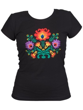Koszulka we wzory łowickie kwiaty t-shirt damska czarna L