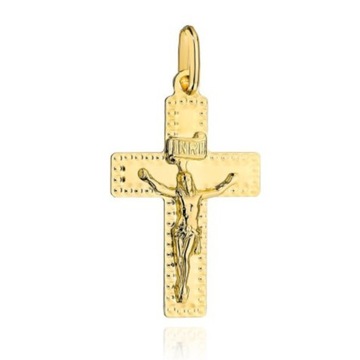 Krzyżyk złoty W OZDOBNEJ OPRAWIE 585 CHRZEST KOMUNIA GRAWER GRATIS