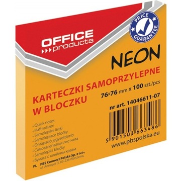 Bloczek samoprzylepny 76x76 neon pomarańczowy