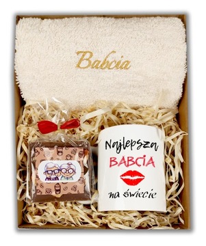 PREZENT DLA BABCI ZESTAW KUBEK RĘCZNIK Z HAFTEM UPOMINEK NA DZIEŃ BABCI BOX