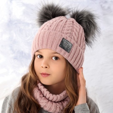 КОМПЛЕКТ ЗИМНЯЯ ШАПКА + ЮБКА, ДВА ПОМПОНА, размеры 52 - 56