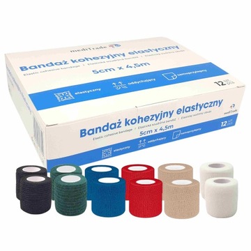 12x BANDAŻ KOHEZYJNY ELASTYCZNY SAMOPRZYLEPNY 5cmx4,5m kolory zestaw 12szt.