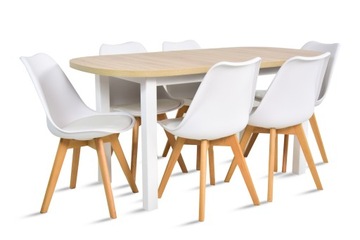 Stół owalny 80x160/200 drewno + 6 białych krzeseł