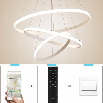 LAMPA WISZĄCA 3 RINGI SUFITOWA żyrandol LED 20/40/60cm +PILOT +APLIKACJA