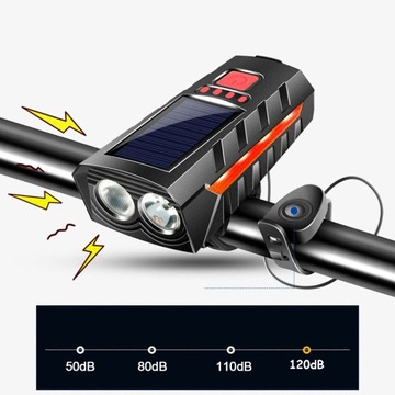 КОМПЛЕКТ СВЕТОДИОДНЫХ ВЕЛОСИПЕДНЫХ ФАР, СОЛНЕЧНАЯ ЗАРЯДКА, ВОДОНЕПРОНИЦАЕМЫЙ, 120 ДБ