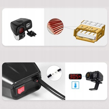 ŁADOWARKA MOTOCYKL WOLTOMIERZ TERMOMETR 2x USB BK