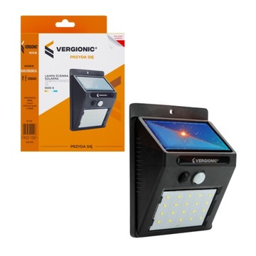 LAMPA SOLARNA ŚCIENNA LED 3W/SMD + CZUJNIK RUCHU ZMIERZCHU CZARNA VERGONIC
