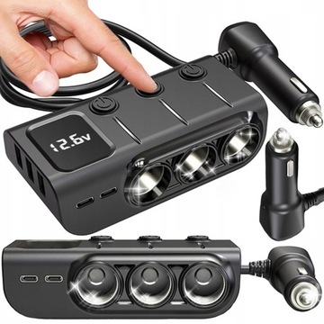 ROZDZIELACZ SAMOCHODOWY GNIAZDA ZAPALNICZKI ŁADOWARKA 5xUSB USB-C 120W