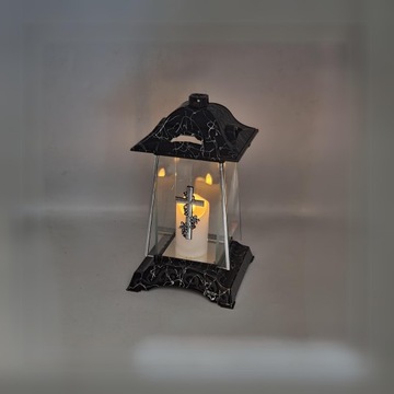 Свеча могильная, большая черная часовня, стеклянный фонарь, серебряный крест, 30 см.