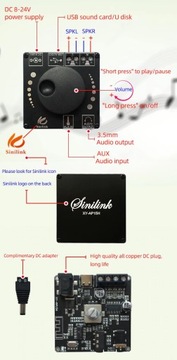 Стереоусилитель Bluetooth BT 3,5 мм AUX USB 2X20 Вт