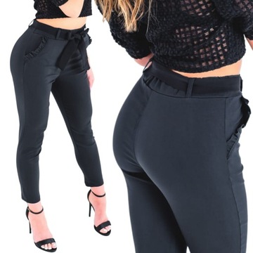 Materiałowe spodnie damskie elastyczne rurki wiązane w pasie wysoki stan XL