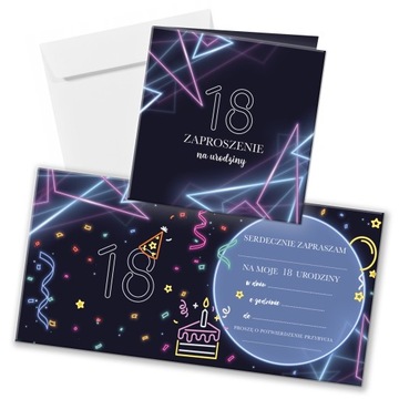 ZAPROSZENIA na 18 urodziny NEON z kopertami 10szt