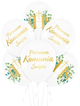 BALONY PASTELOWE BIAŁE Z NADRUKIEM PIERWSZA KOMUNIA ŚWIĘTA 30CM-6 SZTUK-636