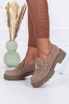 LEKKIE MOKASYNY PÓŁBUTY SKÓRZANE DAMSKIE NA PLATFORMIE ZE ZŁOTĄ OZDOBĄ r 41