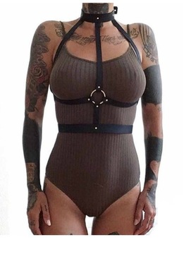 SEXY CZARNA SKÓRZANA UPRZĄŻ BDSM HARNESS CHOKER