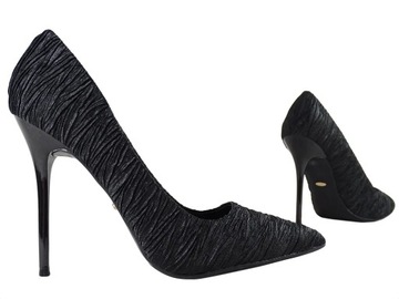 Atłasowe czarne szpilki modne buty damskie 37