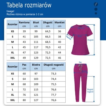 KOMPLET MEDYCZNY DAMSKI SCRUB UNIFORM RÓŻNE KOLORY BIAŁY ROZMIAR S