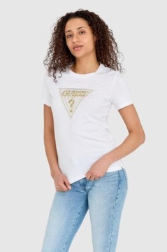 GUESS - Biały t-shirt ze złotymi cyrkoniami S