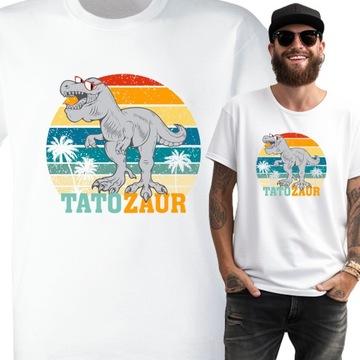 Biała Koszulka Prezent na Dzień Ojca Dinozaur Tata Saurus TatoZaur Retro L