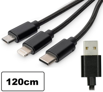KABEL 3W1 MICRO USB USB-C IPHONE NYLON SZYBKI
