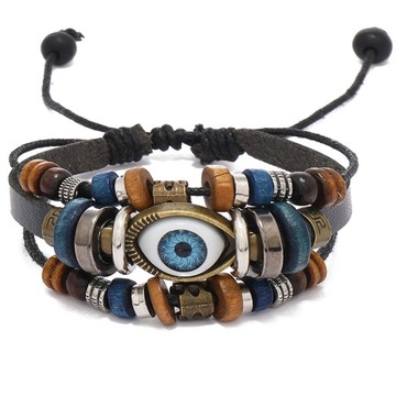 BRANSOLETKA SKÓRZANA EVIL EYE BOHO VINTAGE NASTAWNY MANKIET Z KORALIKÓW