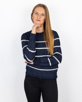 Camaieu Kobiecy Granatowy Biały Sweter Paski Wełna Bawełna Organiczna S 36